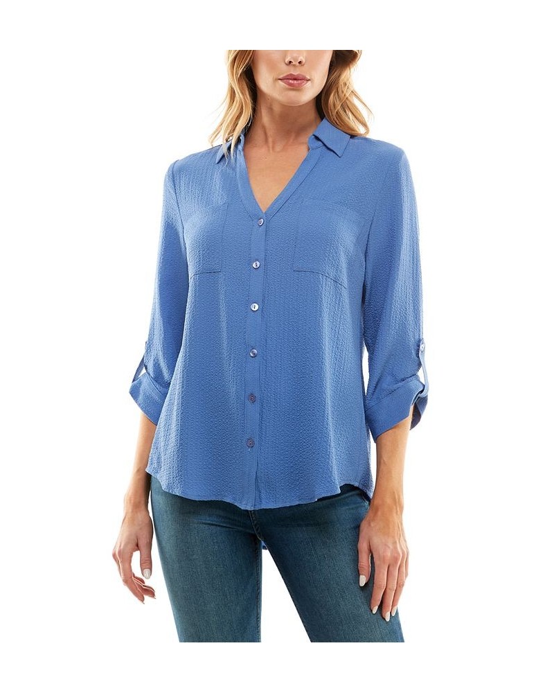 Juniors' Textured Button-Front Roll-Tab-Sleeve Shirt Blue $14.16 Tops