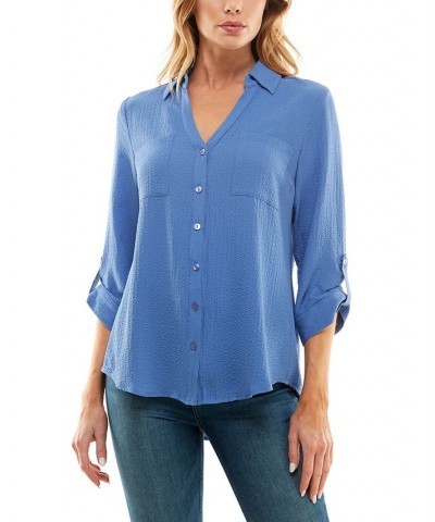 Juniors' Textured Button-Front Roll-Tab-Sleeve Shirt Blue $14.16 Tops