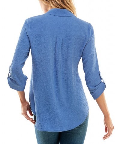 Juniors' Textured Button-Front Roll-Tab-Sleeve Shirt Blue $14.16 Tops