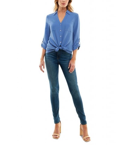 Juniors' Textured Button-Front Roll-Tab-Sleeve Shirt Blue $14.16 Tops