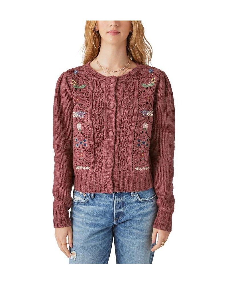 Women's Mixed-Knit Embroidered Cardigan Sweater Rose Brown $42.57 Sweaters