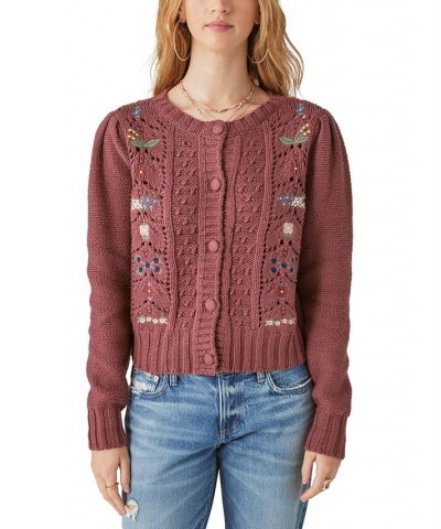 Women's Mixed-Knit Embroidered Cardigan Sweater Rose Brown $42.57 Sweaters