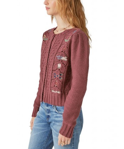 Women's Mixed-Knit Embroidered Cardigan Sweater Rose Brown $42.57 Sweaters