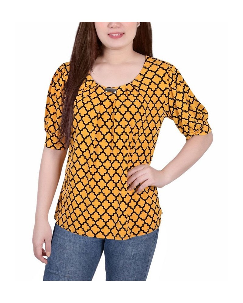 Petite Printed Balloon Sleeve Top Golden Black $14.72 Tops