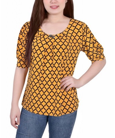 Petite Printed Balloon Sleeve Top Golden Black $14.72 Tops