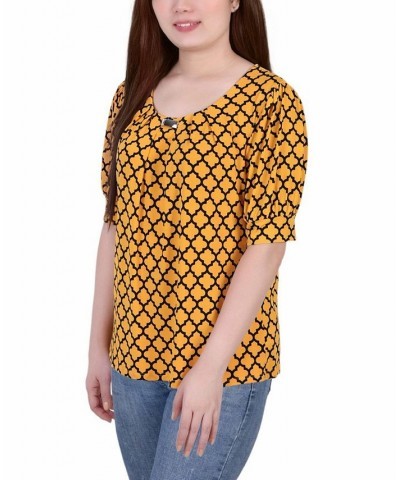 Petite Printed Balloon Sleeve Top Golden Black $14.72 Tops