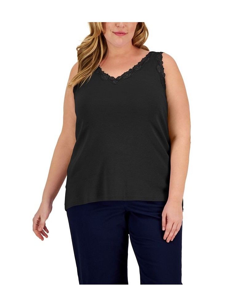 Plus Size Cotton Lace-Trim Top Aqua Oasis $9.59 Tops