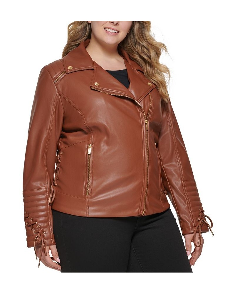 Women's Plus Size Faux-Leather Asymmetric Moto Coat Brown $48.00 Coats