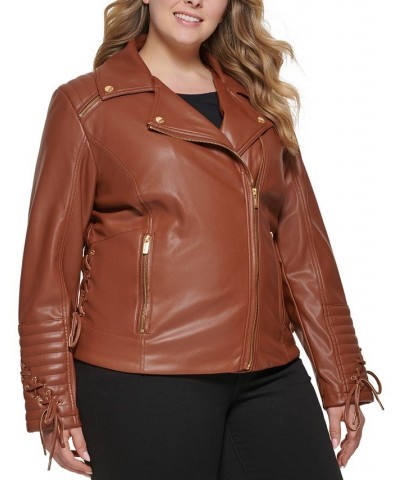 Women's Plus Size Faux-Leather Asymmetric Moto Coat Brown $48.00 Coats