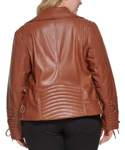 Women's Plus Size Faux-Leather Asymmetric Moto Coat Brown $48.00 Coats