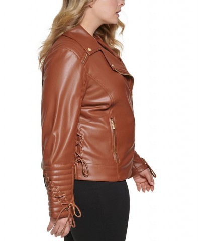 Women's Plus Size Faux-Leather Asymmetric Moto Coat Brown $48.00 Coats