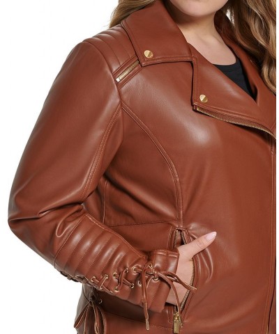 Women's Plus Size Faux-Leather Asymmetric Moto Coat Brown $48.00 Coats