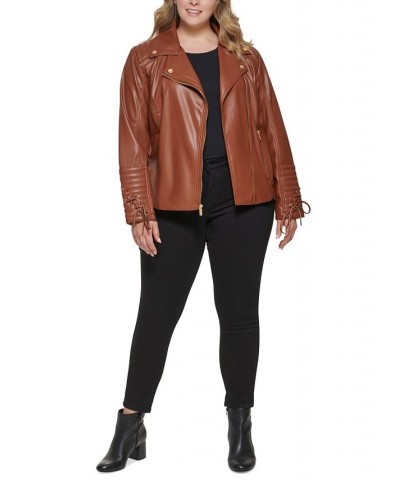 Women's Plus Size Faux-Leather Asymmetric Moto Coat Brown $48.00 Coats