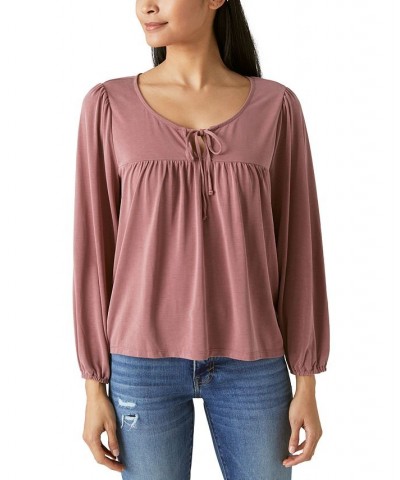 Women's Sandwash Scoop Neck Tie Front Top Brown $37.37 Tops