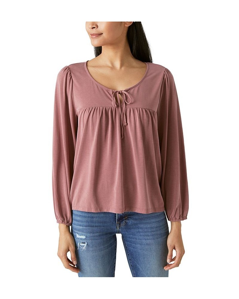 Women's Sandwash Scoop Neck Tie Front Top Brown $37.37 Tops