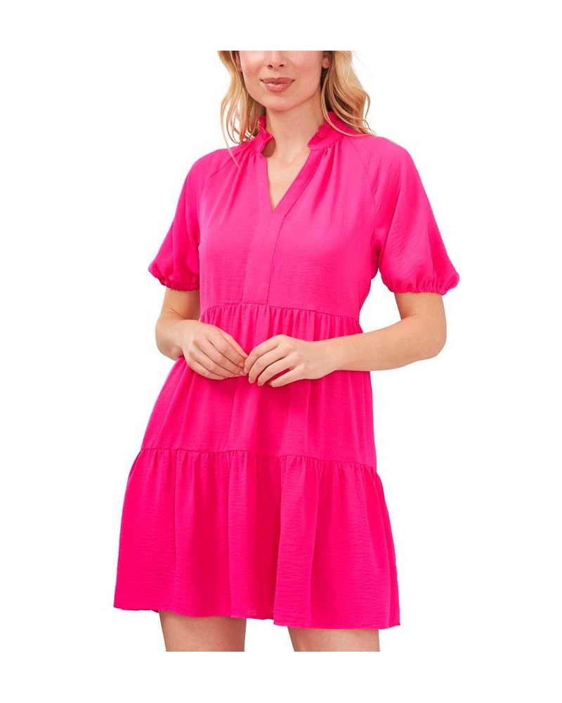 Women's Short Sleeve Tiered V-Neck Baby Doll Dress Bright Rose $28.53 Dresses