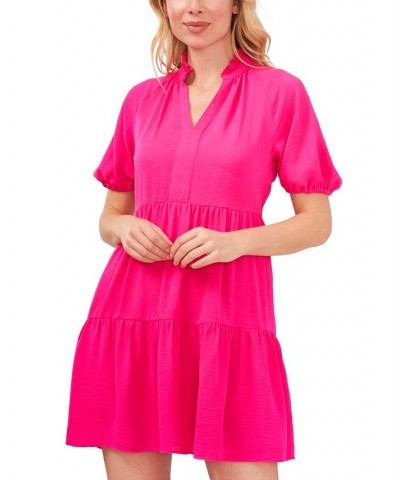 Women's Short Sleeve Tiered V-Neck Baby Doll Dress Bright Rose $28.53 Dresses