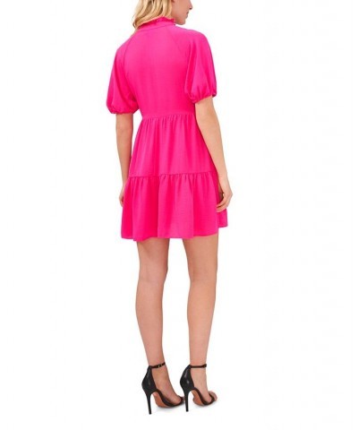 Women's Short Sleeve Tiered V-Neck Baby Doll Dress Bright Rose $28.53 Dresses