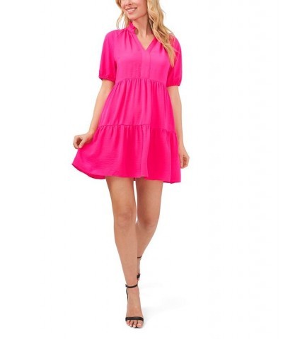 Women's Short Sleeve Tiered V-Neck Baby Doll Dress Bright Rose $28.53 Dresses