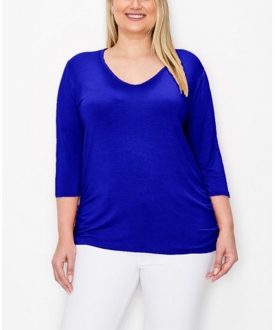 Plus Size V-neck Side Ruched 3/4 Sleeve Top Navy Vibrant $16.72 Tops