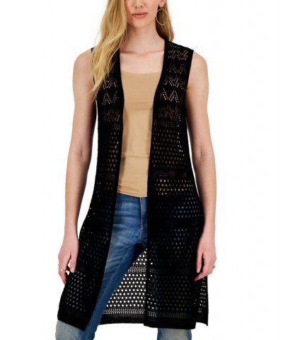 Juniors' Pointelle Open-Front Long Vest Black $24.99 Sweaters