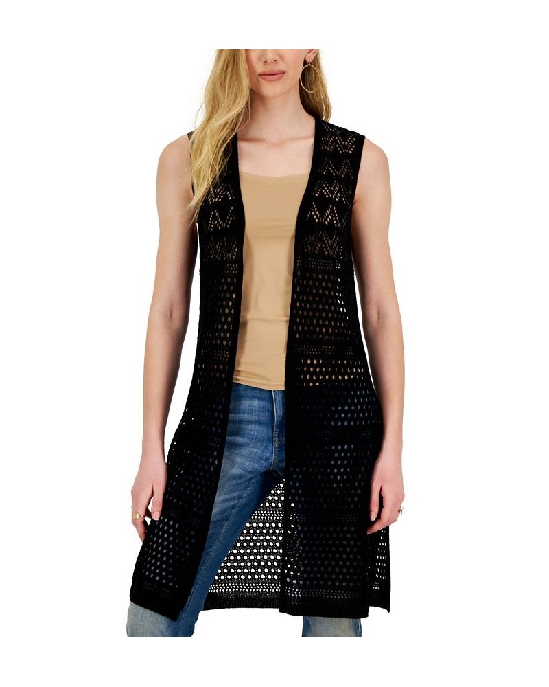 Juniors' Pointelle Open-Front Long Vest Black $24.99 Sweaters