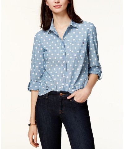 Women's Cotton Printed Roll-Tab Utility Shirt Chambray Blue $18.90 Tops