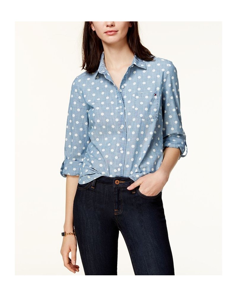 Women's Cotton Printed Roll-Tab Utility Shirt Chambray Blue $18.90 Tops