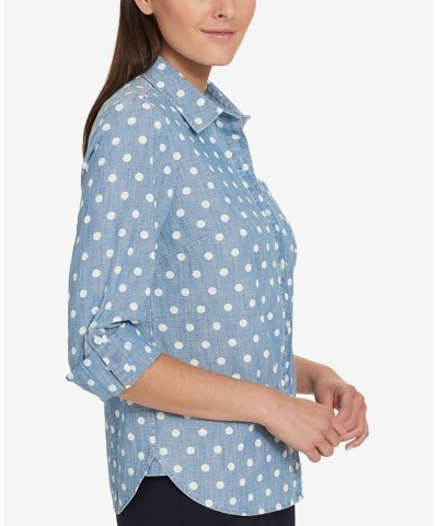 Women's Cotton Printed Roll-Tab Utility Shirt Chambray Blue $18.90 Tops