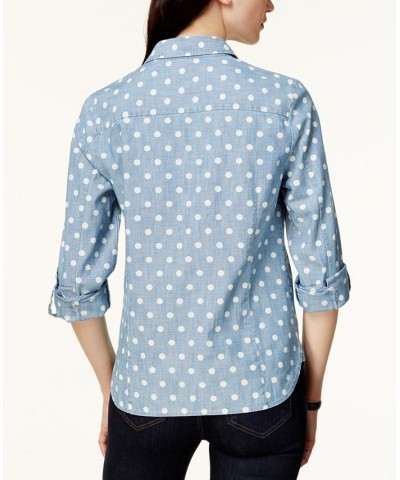 Women's Cotton Printed Roll-Tab Utility Shirt Chambray Blue $18.90 Tops