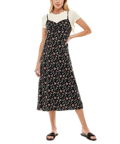 Juniors' Printed Midi Slip Dress With T-Shirt Black $27.73 Dresses