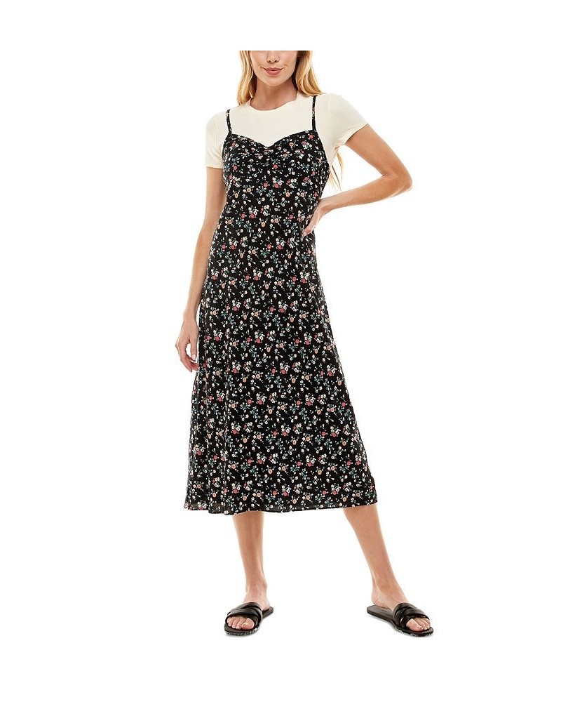 Juniors' Printed Midi Slip Dress With T-Shirt Black $27.73 Dresses