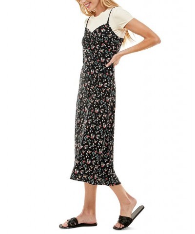 Juniors' Printed Midi Slip Dress With T-Shirt Black $27.73 Dresses