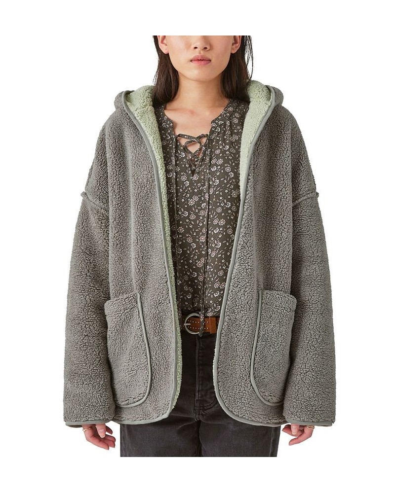 Reversible Hi-Pile Hooded Sherpa Cardigan Sweater Green $53.70 Sweaters