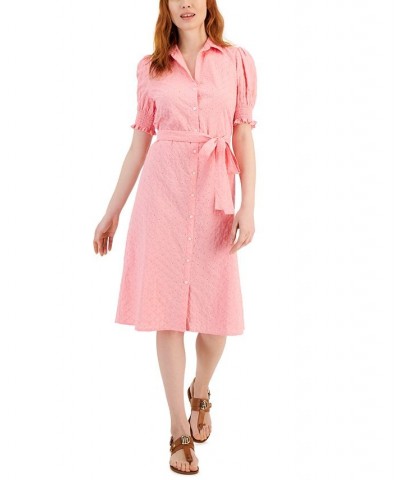 Women's Puffed Sleeve Eyelet Midi Dress Pink $46.04 Dresses