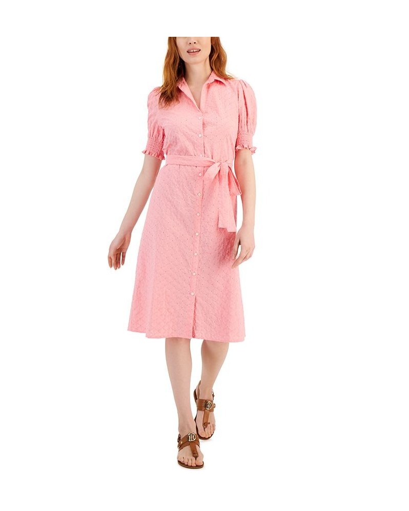 Women's Puffed Sleeve Eyelet Midi Dress Pink $46.04 Dresses