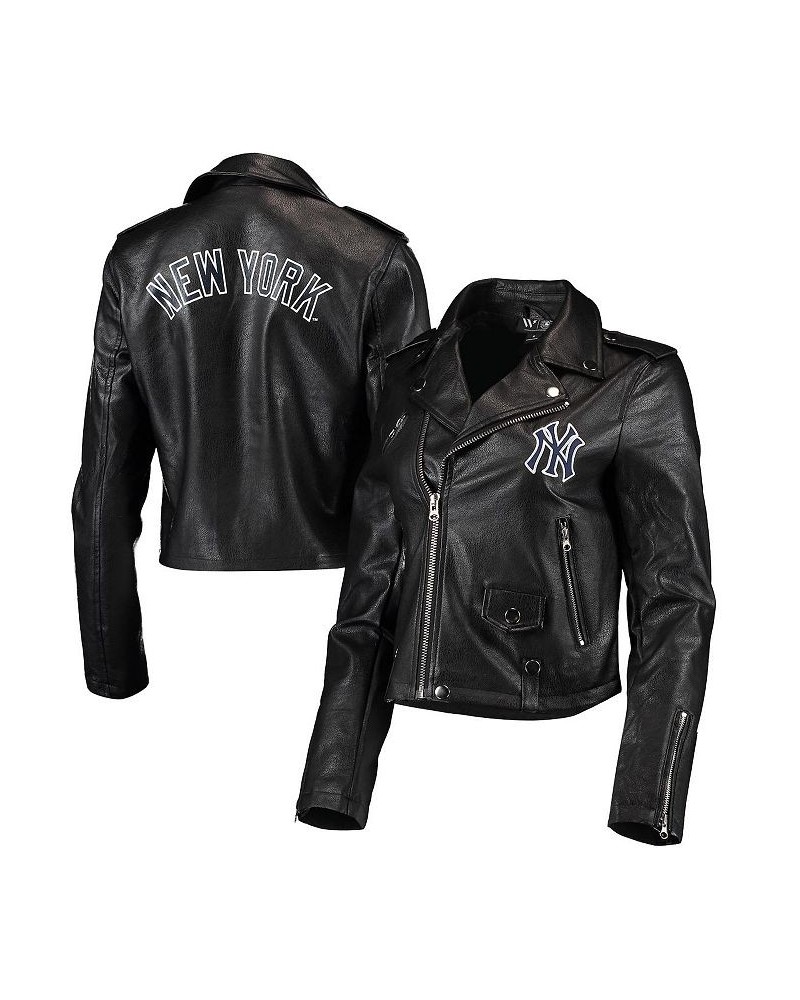 Women's Black New York Yankees Faux Leather Moto Full-Zip Jacket Black $48.00 Jackets