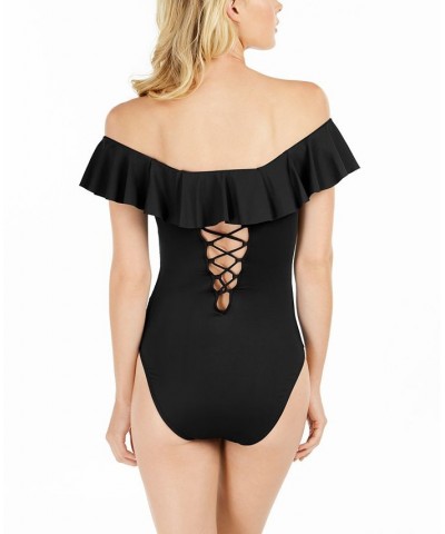 Island Goddess Off-The-Shoulder Ruffled Tummy-Control One-Piece Swimsuit Black $70.00 Swimsuits