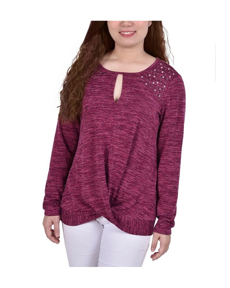 Petite Long Sleeve Knit Keyhole Top Red $16.96 Tops