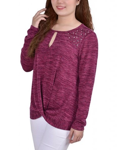 Petite Long Sleeve Knit Keyhole Top Red $16.96 Tops