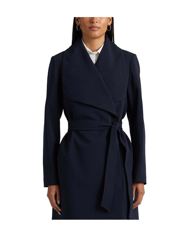 Women's Petite Crepe Belted Wrap Coat Dark Navy $41.60 Coats