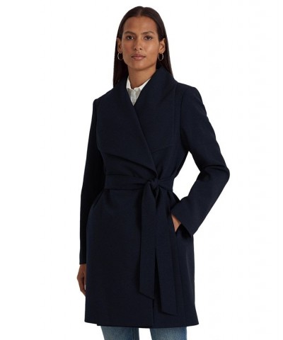 Women's Petite Crepe Belted Wrap Coat Dark Navy $41.60 Coats