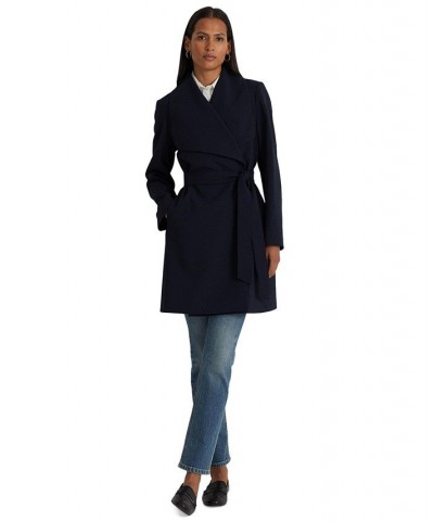 Women's Petite Crepe Belted Wrap Coat Dark Navy $41.60 Coats