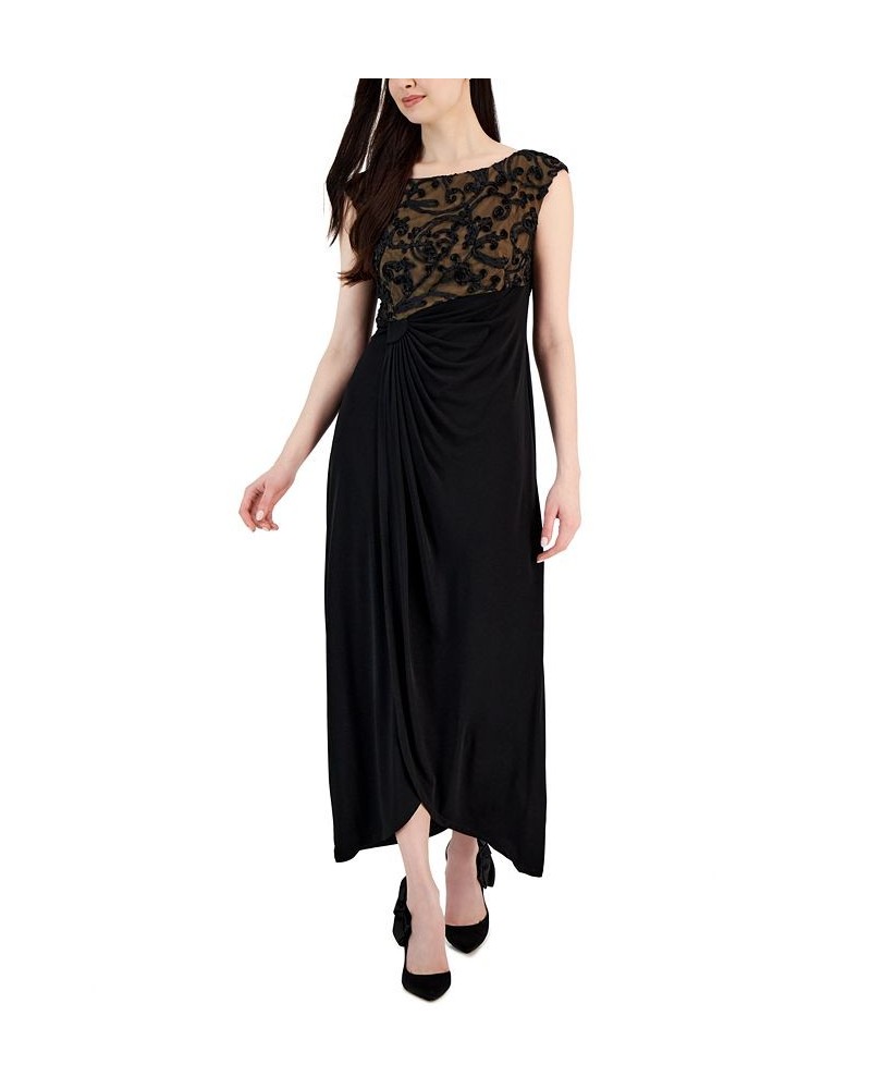 Women's Soutache Lace Cap-Sleeve Faux-Wrap Gown Black Mocha $29.69 Dresses