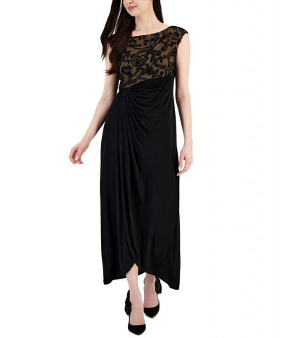 Women's Soutache Lace Cap-Sleeve Faux-Wrap Gown Black Mocha $29.69 Dresses