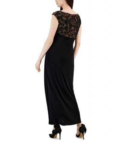 Women's Soutache Lace Cap-Sleeve Faux-Wrap Gown Black Mocha $29.69 Dresses