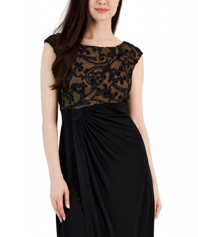 Women's Soutache Lace Cap-Sleeve Faux-Wrap Gown Black Mocha $29.69 Dresses