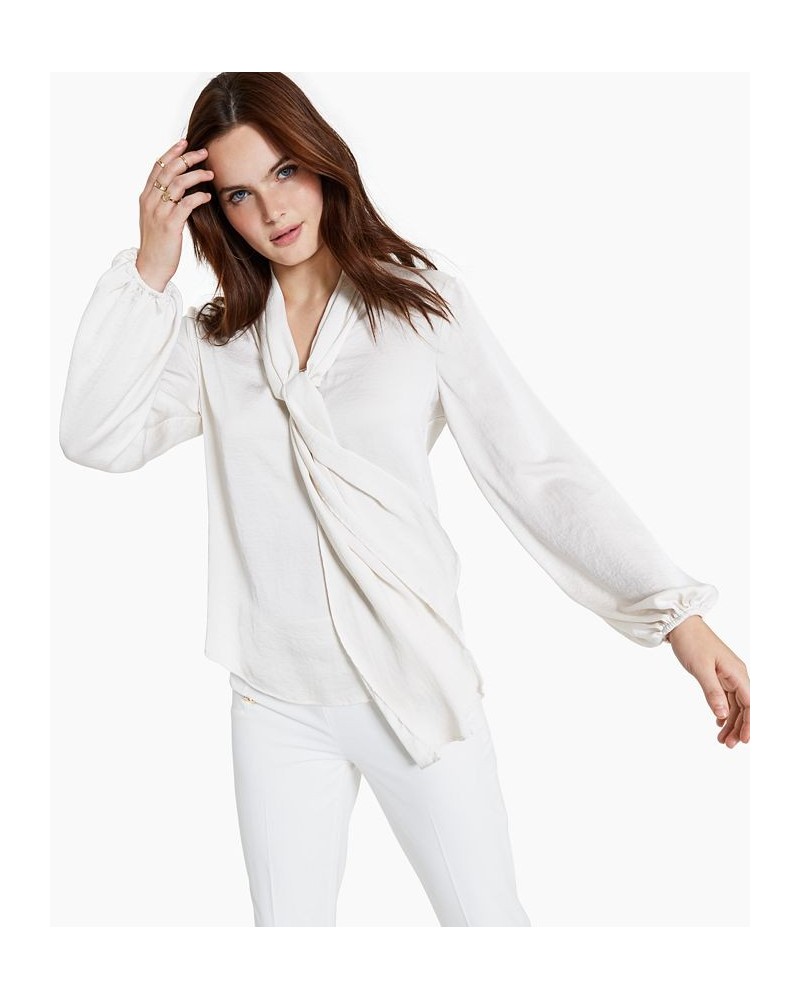 Women's Tie Neck Cinched Sleeve Blouse White $27.24 Tops