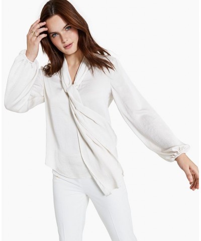 Women's Tie Neck Cinched Sleeve Blouse White $27.24 Tops