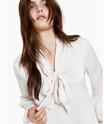 Women's Tie Neck Cinched Sleeve Blouse White $27.24 Tops